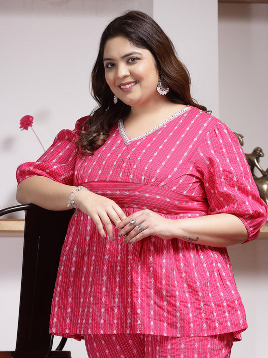 Plus Size Women's Woven Design Cotton Co-Ord Set (CSRAMYAPINKPLUS)