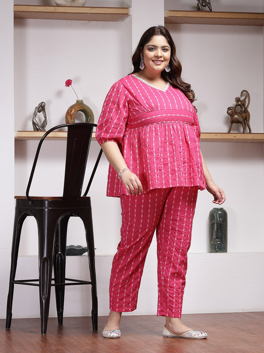 Plus Size Women's Woven Design Cotton Co-Ord Set (CSRAMYAPINKPLUS)