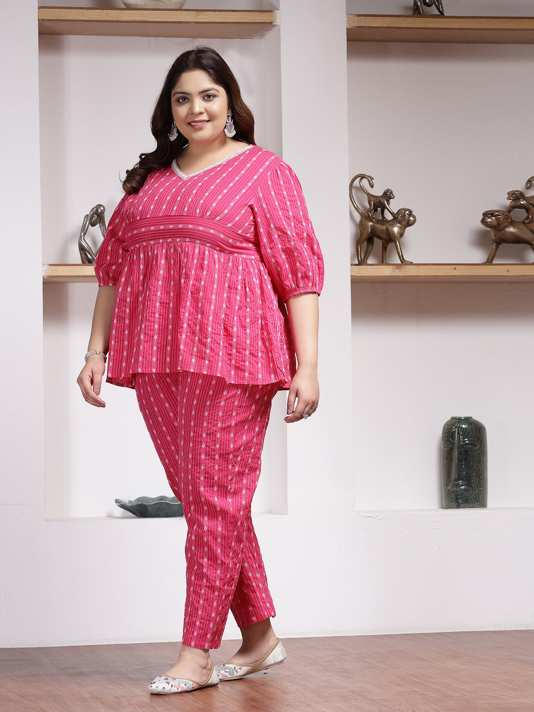 Plus Size Women's Woven Design Cotton Co-Ord Set (CSRAMYAPINKPLUS)