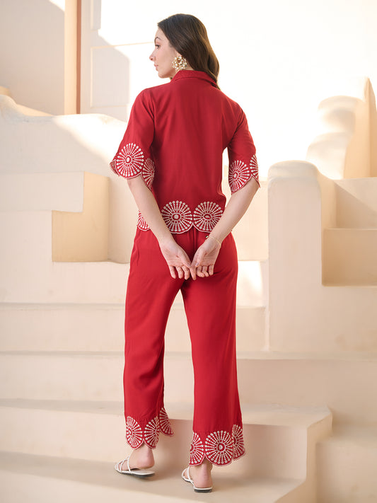 Stylum Women's Red Solid & Embroidered Cotton Blend Co-ord Set (CSREDGLOW)