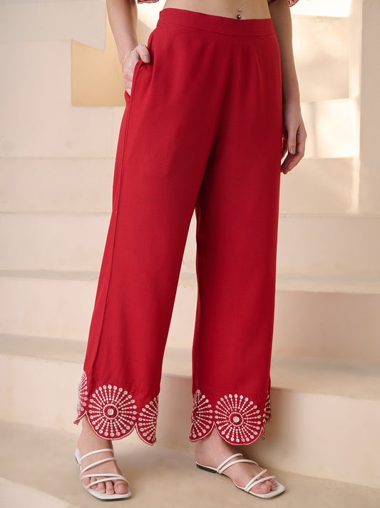Stylum Women's Red Solid & Embroidered Cotton Blend Co-ord Set (CSREDGLOW)
