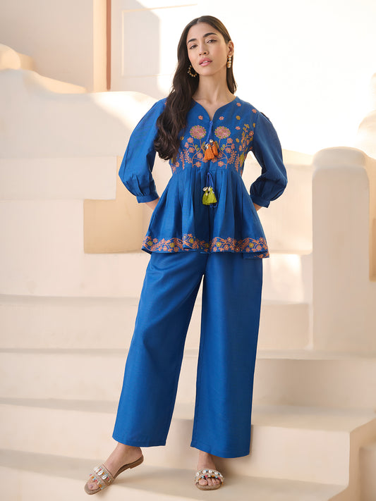 Stylum Women's Teal Solid & Embroidered Cotton Blend Co-ord Set (CSTEALRUHI)