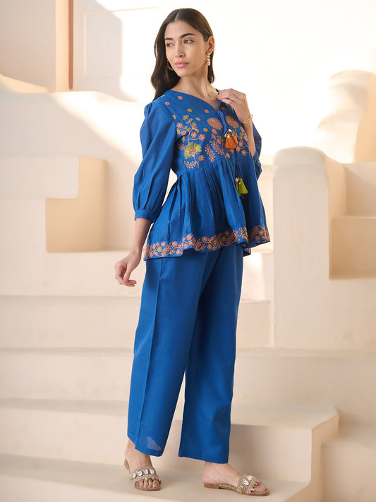 Stylum Women's Teal Solid & Embroidered Cotton Blend Co-ord Set (CSTEALRUHI)