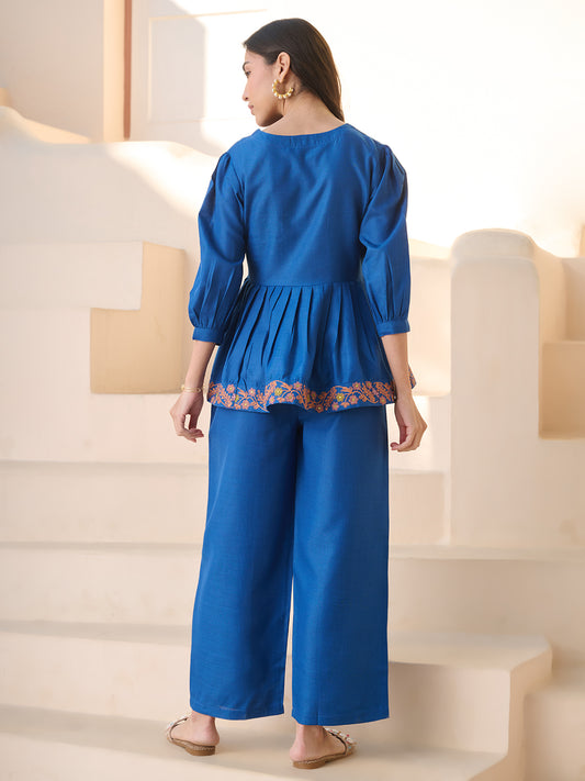Stylum Women's Teal Solid & Embroidered Cotton Blend Co-ord Set (CSTEALRUHI)