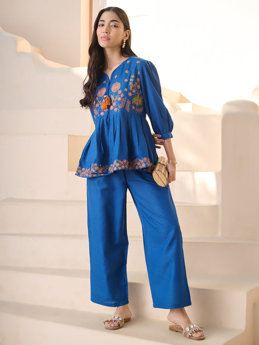 Stylum Women's Teal Solid & Embroidered Cotton Blend Co-ord Set (CSTEALRUHI)