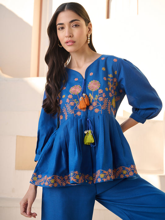 Stylum Women's Teal Solid & Embroidered Cotton Blend Co-ord Set (CSTEALRUHI)