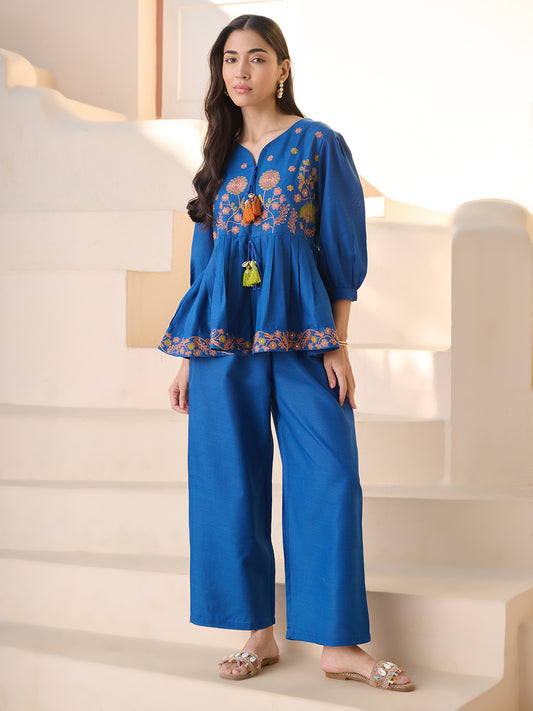 Stylum Women's Teal Solid & Embroidered Cotton Blend Co-ord Set (CSTEALRUHI)