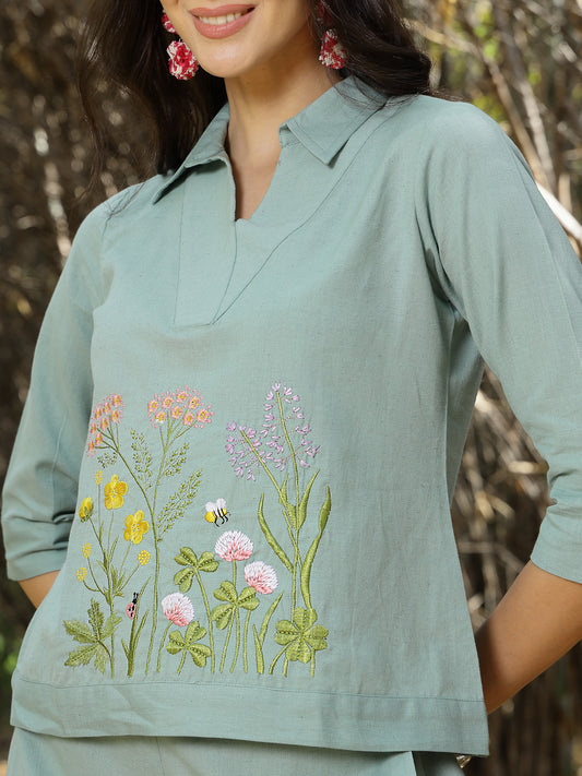 Women's Turquoise Solid & Embroidered Cotton Co-ord Set (CSTURQLUZON)