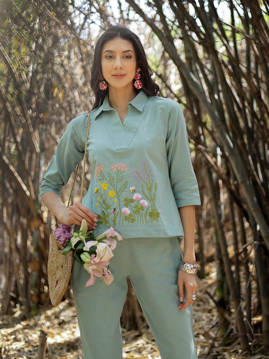 Women's Turquoise Solid & Embroidered Cotton Co-ord Set (CSTURQLUZON)