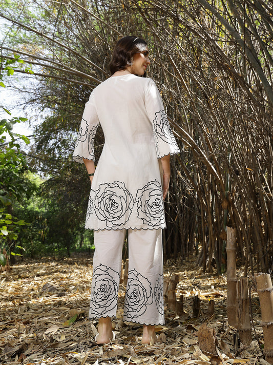 Stylum Women's White Floral & Embroidered Cotton Co-ord Set (CSWHITEZINPA)