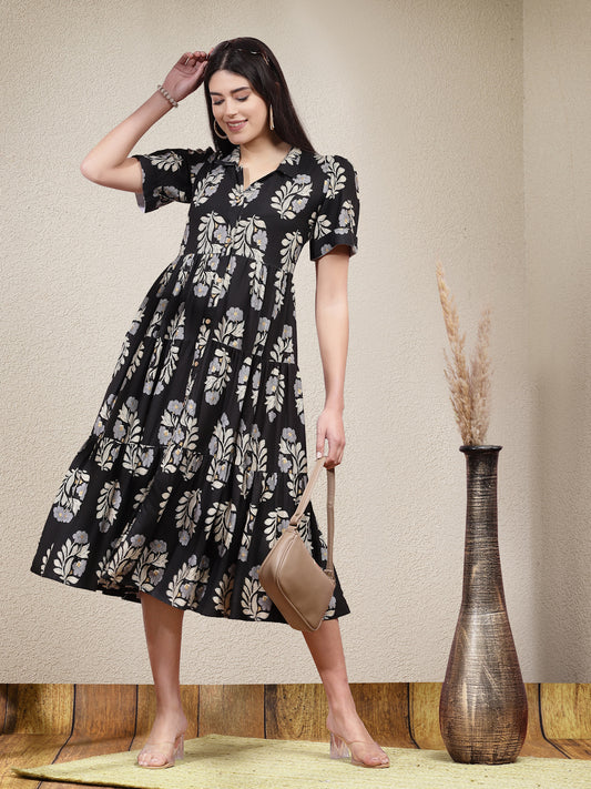 Stylum Women's Floral Printed Rayon Tiered Dress (DRSBLACKBASKET)