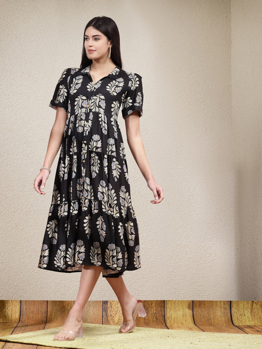 Stylum Women's Floral Printed Rayon Tiered Dress (DRSBLACKBASKET)