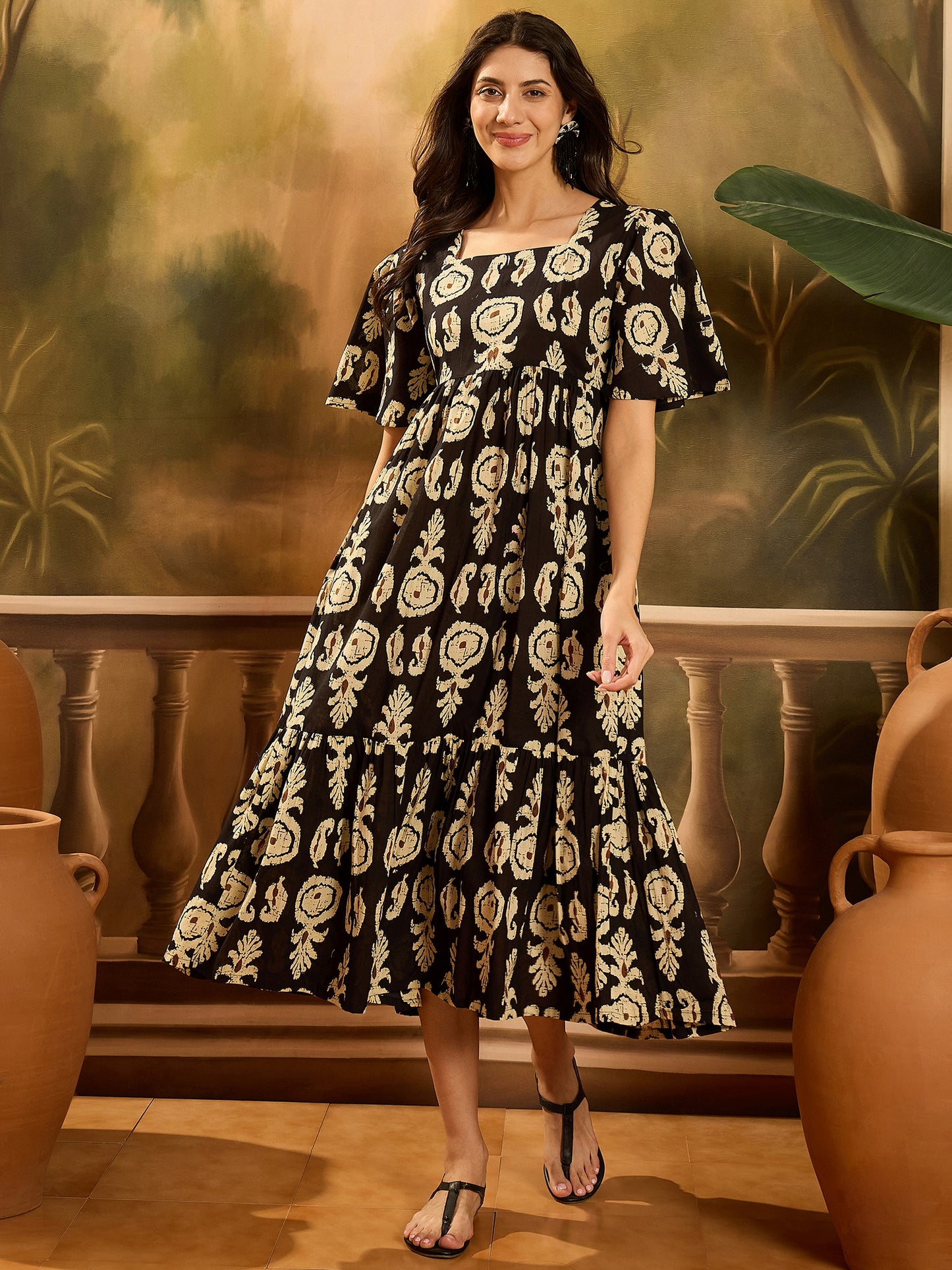 Stylum Women's Black Paisley Printed Cotton Tiered Dress (DRSBLACKESTEE)