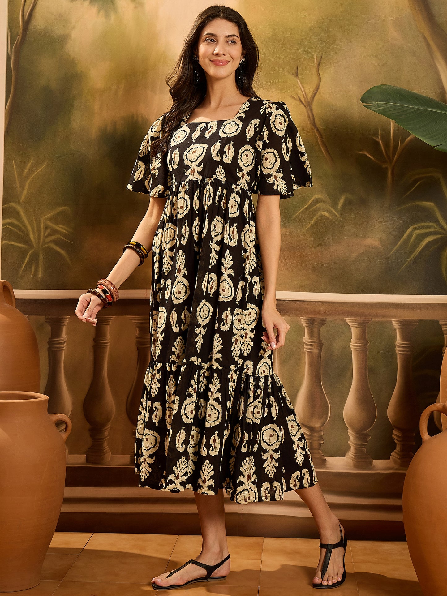 Stylum Women's Black Paisley Printed Cotton Tiered Dress (DRSBLACKESTEE)