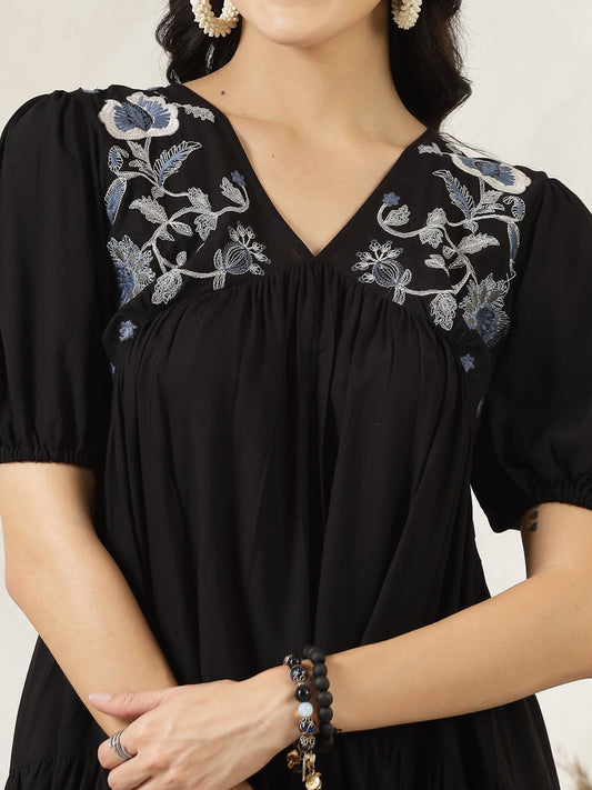 Stylum Women's Black Solid & Embroidered Rayon Flared Dress (DRSBLACKLIMBO)