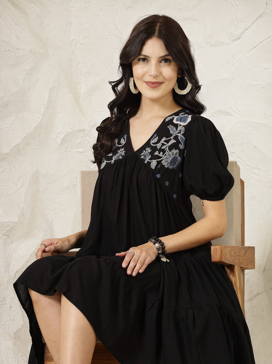 Stylum Women's Black Solid & Embroidered Rayon Flared Dress (DRSBLACKLIMBO)