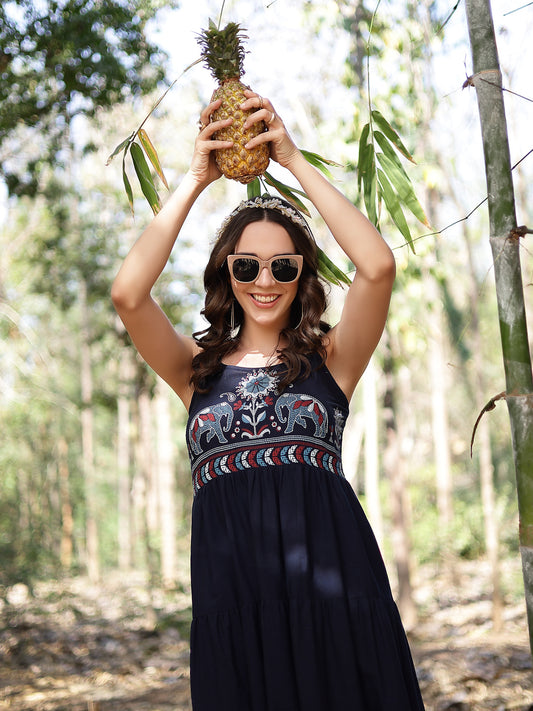 Stylum Women's Blue Ethnic Printed Cotton Flax Tiered Dress (DRSBLUEBAMBU)