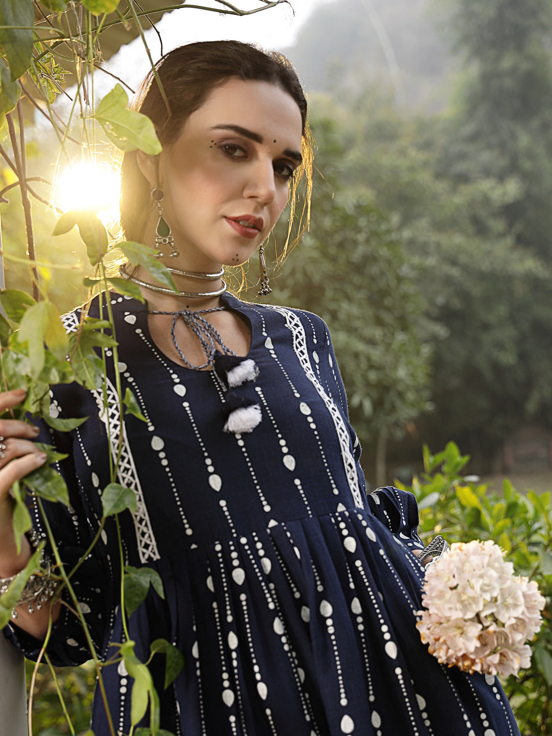 Stylum Women's Blue Khadi Printed Cotton Flared Dress (DRSBLUEHAMPI)
