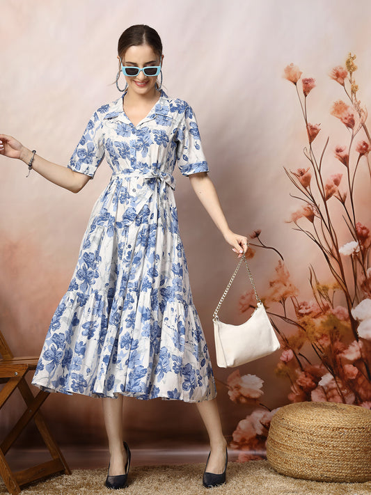 Stylum Women's Floral Printed Cotton Flared Dress (DRSBLUEKINNU)