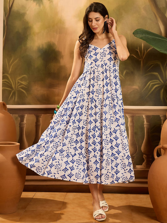 Stylum Women's Blue Printed Cotton Flared Dress (DRSBLUEMYLO)