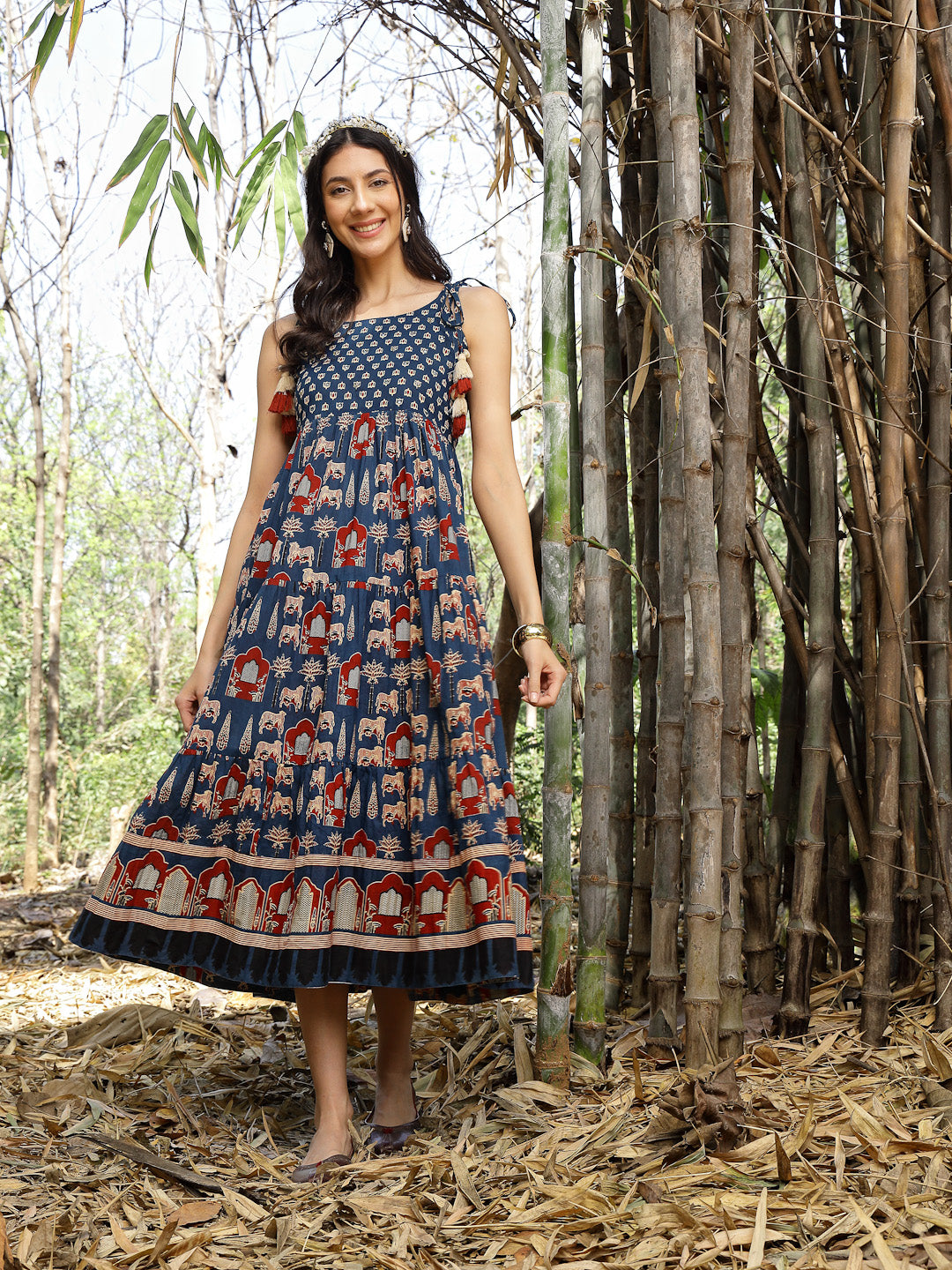 Stylum Women's Blue Ethnic Printed Cotton Tiered Dress (DRSBLUETAMPER)