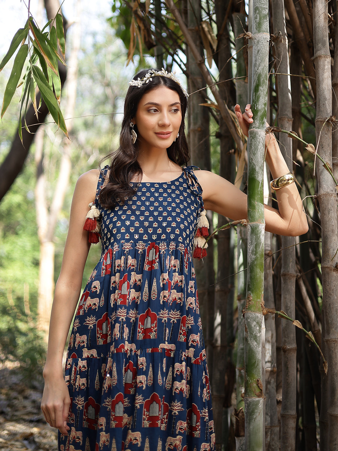 Stylum Women's Blue Ethnic Printed Cotton Tiered Dress (DRSBLUETAMPER)
