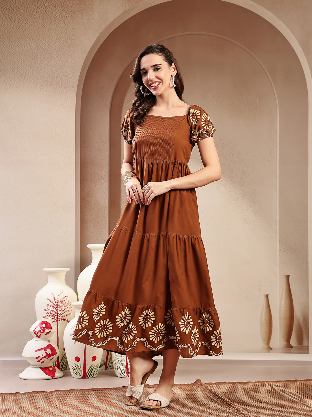 Stylum Women's Brown Solid Rayon Tiered Dress (DRSBROWNERUDE)