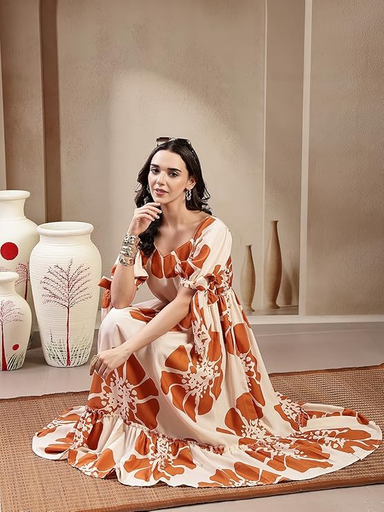 Stylum Women's Brown Floral Printed Rayon Tiered Dress (DRSBROWNSCHON)