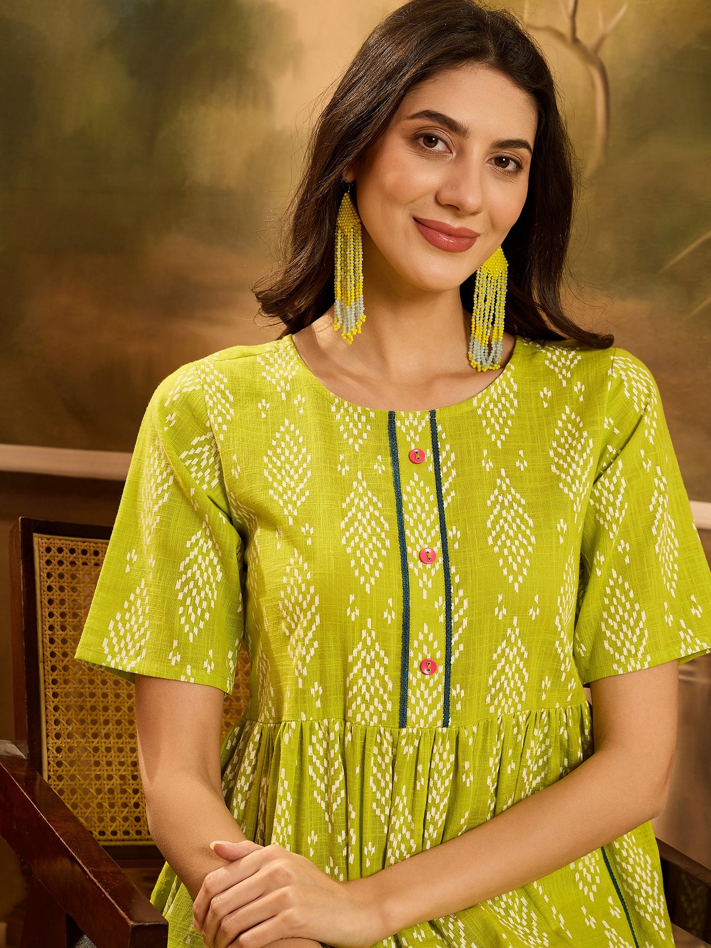 Stylum Women's Green Printed Cotton A-Line Dress (DRSGREENCULT)