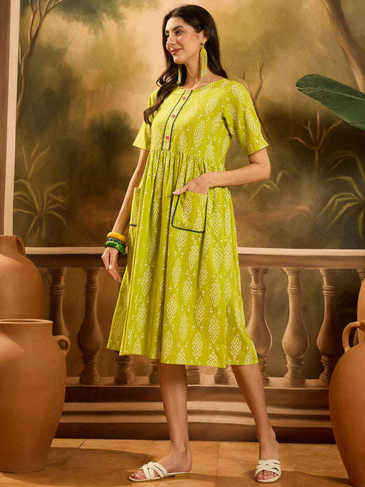 Stylum Women's Green Printed Cotton A-Line Dress (DRSGREENCULT)
