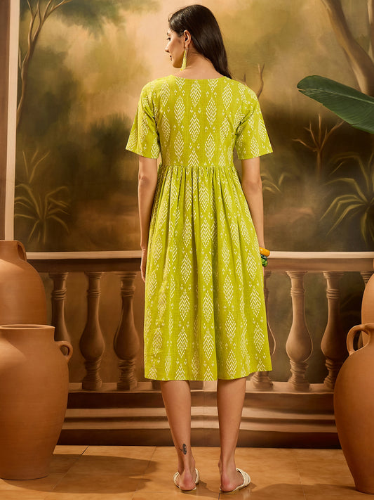 Stylum Women's Green Printed Cotton A-Line Dress (DRSGREENCULT)