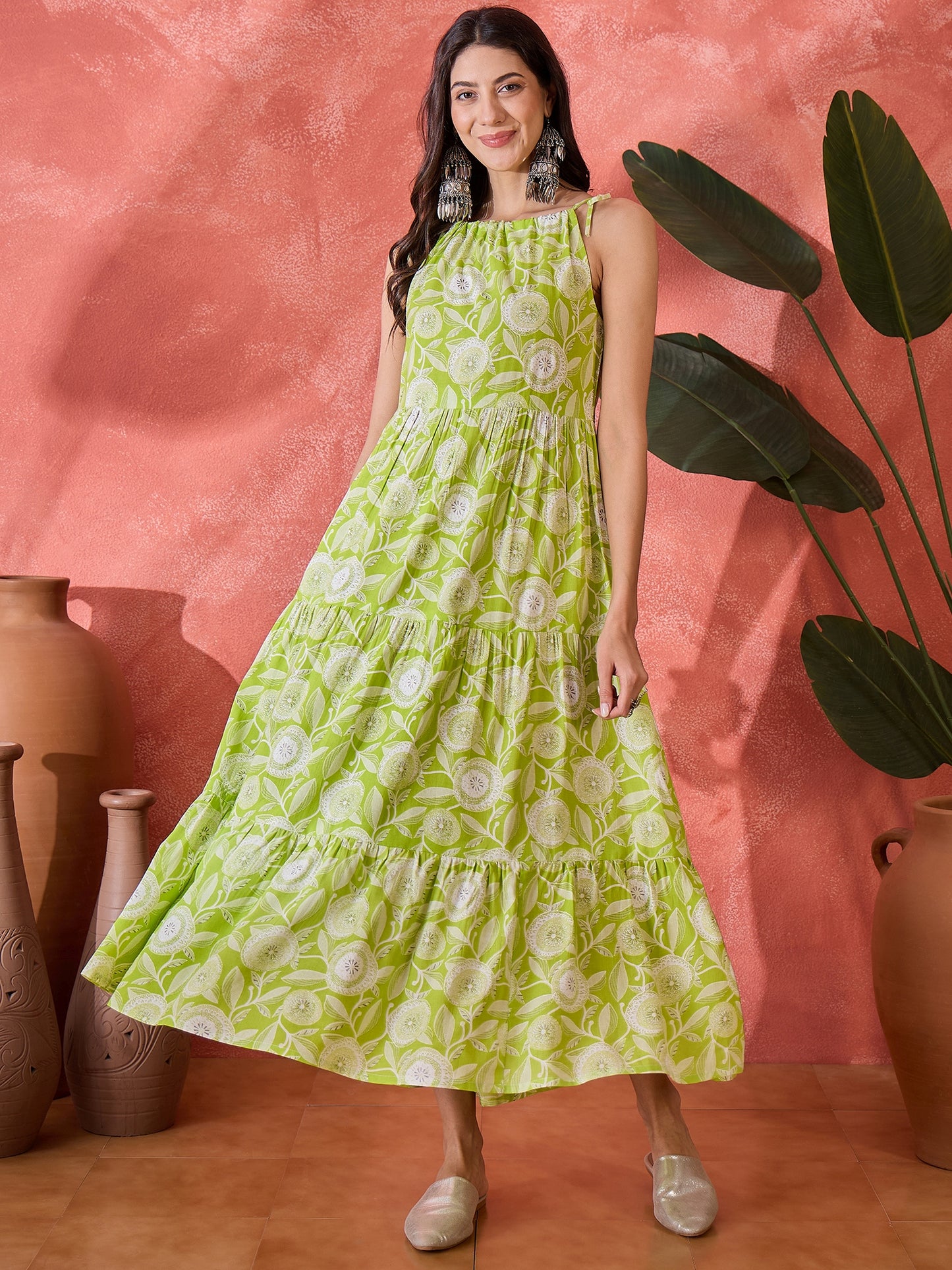 Stylum Women's Green Floral Printed Rayon Strappy Tiered Dress (DRSGREENLAMP)