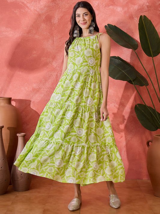 Stylum Women's Green Floral Printed Rayon Strappy Tiered Dress (DRSGREENLAMP)
