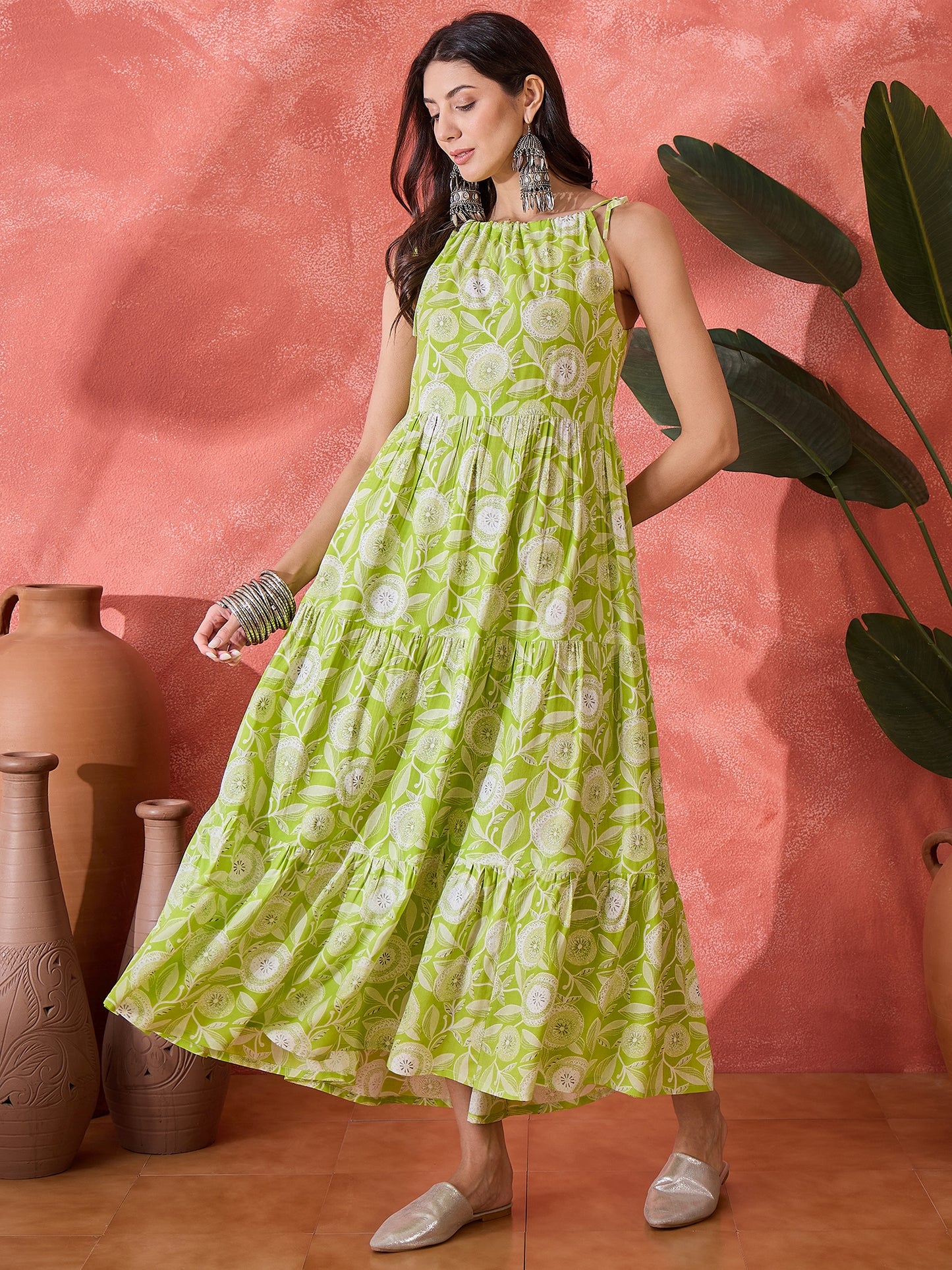 Stylum Women's Green Floral Printed Rayon Strappy Tiered Dress (DRSGREENLAMP)