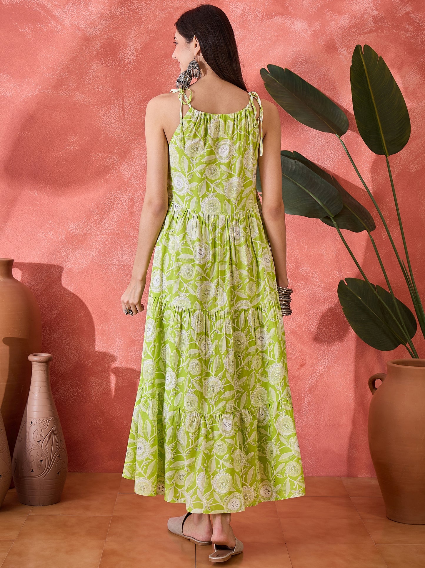 Stylum Women's Green Floral Printed Rayon Strappy Tiered Dress (DRSGREENLAMP)
