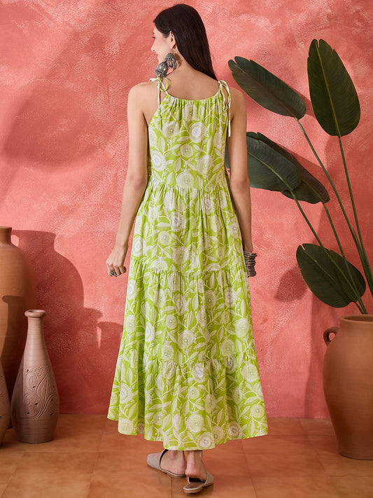 Stylum Women's Green Floral Printed Rayon Strappy Tiered Dress (DRSGREENLAMP)