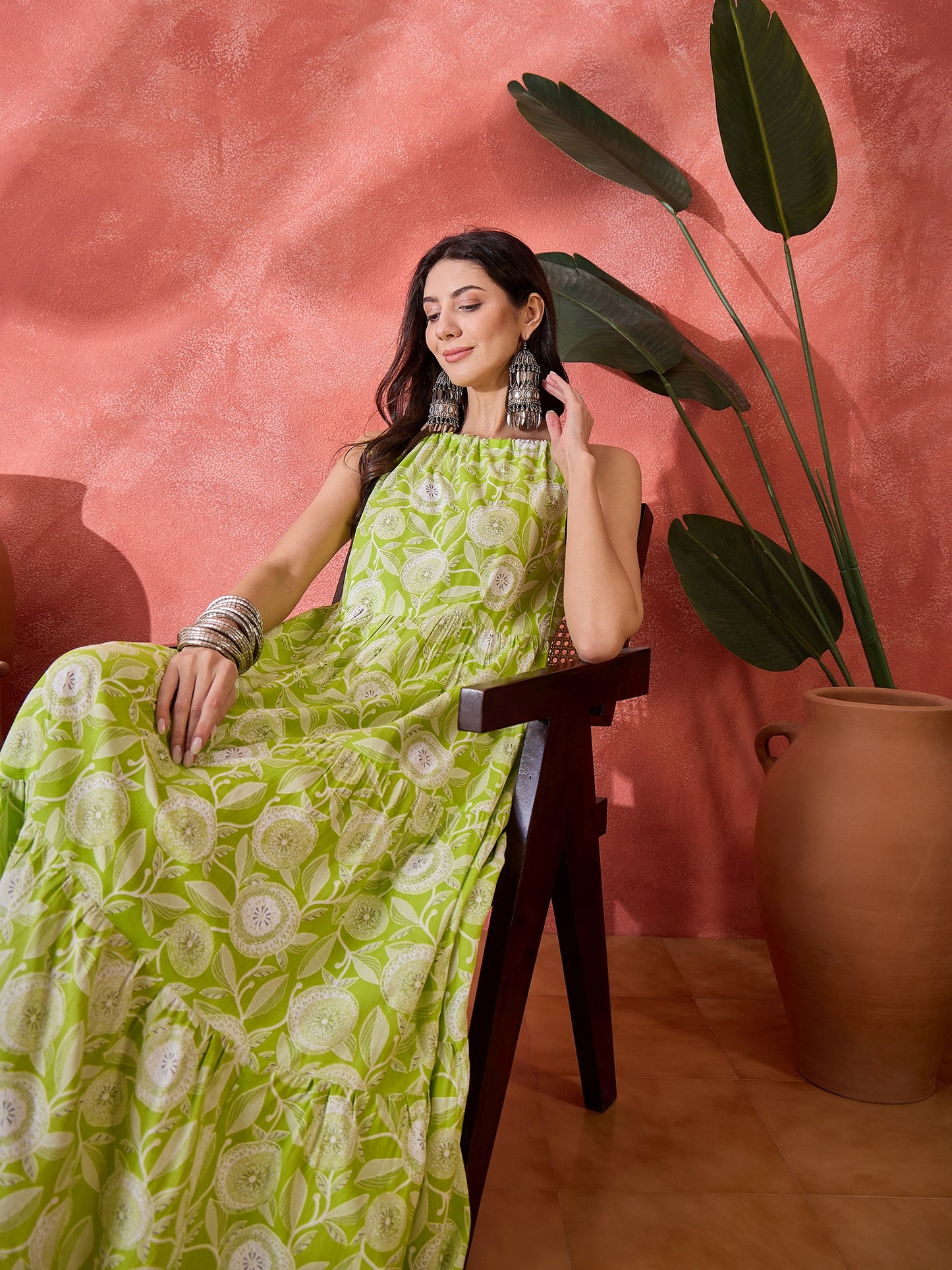 Stylum Women's Green Floral Printed Rayon Strappy Tiered Dress (DRSGREENLAMP)