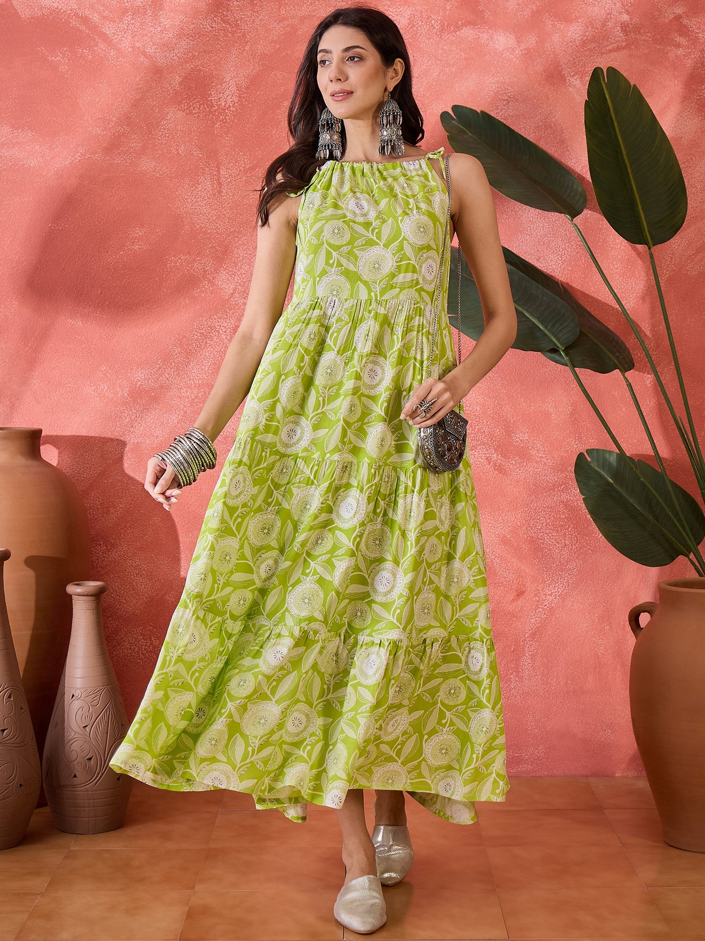 Stylum Women's Green Floral Printed Rayon Strappy Tiered Dress (DRSGREENLAMP)