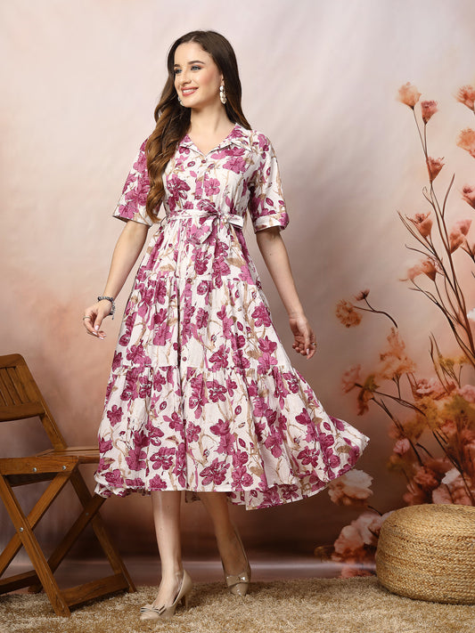 Stylum Women's Floral Printed Cotton Flared Dress (DRSMAGENTAKINNU)