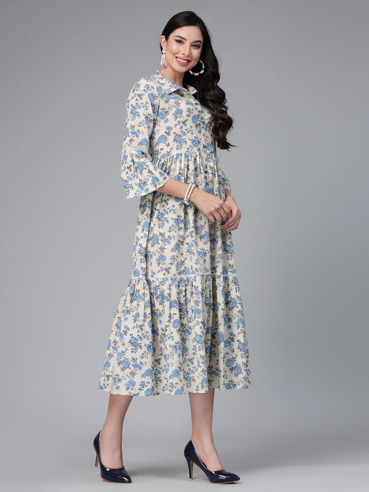 Stylum Women's Floral Printed Cotton Tiered Midi Dress (DRSNEON)