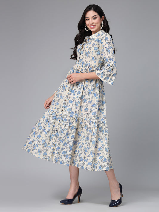 Stylum Women's Floral Printed Cotton Tiered Midi Dress (DRSNEON)