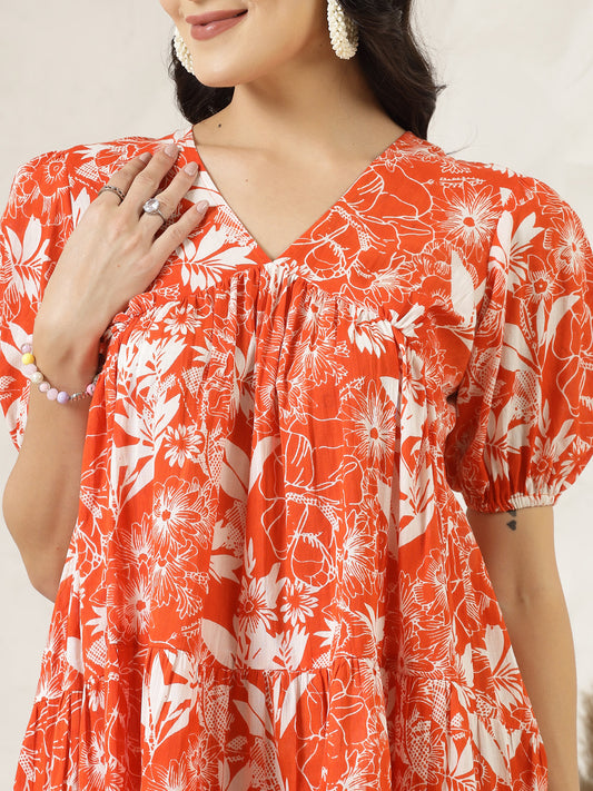 Stylum Women's Orange Tropical Printed Cotton Flared Dress (DRSORANGEFANTA)
