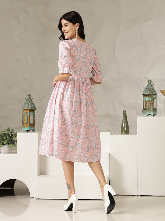 Stylum Women's Pestal Pink Ethnic Printed Cotton Flared Dress (DRSPINKBUBBLE)