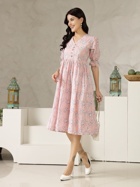 Stylum Women's Pestal Pink Ethnic Printed Cotton Flared Dress (DRSPINKBUBBLE)
