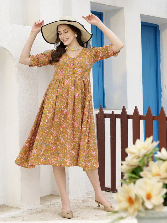 Stylum Women's Floral Printed Cotton A-Line Midi Dress (DRSSIRI)