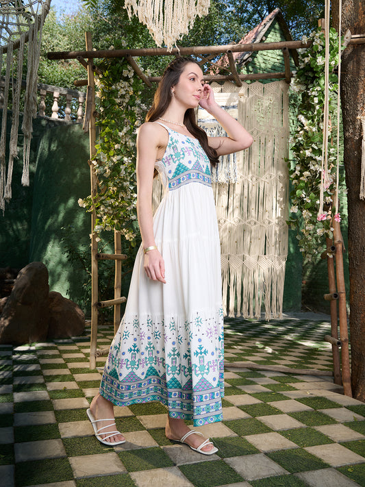 Stylum Women's White Ikat Printed Rayon Tiered Dress (DRSWHITEBLISS)