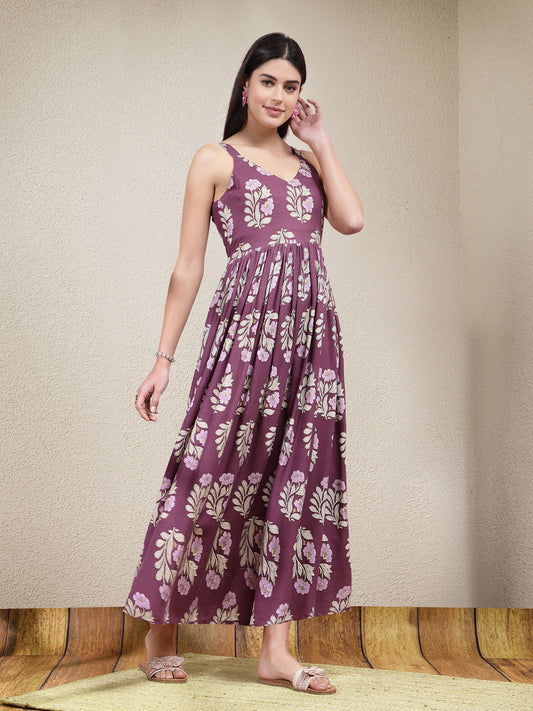Stylum Women's Floral Printed Rayon Long Flared Dress (DRSWINEISHA)