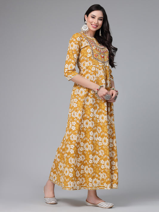 Stylum Women's Floral Printed & Embroidered Cotton Anarkali Kurta (EMMA)