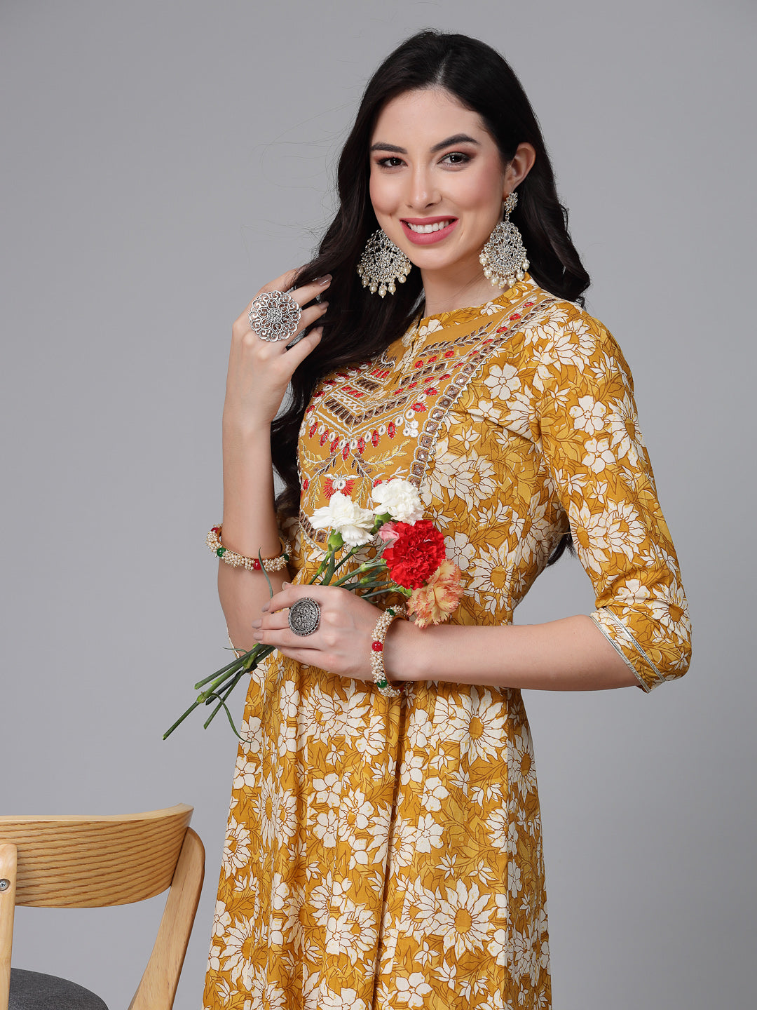 Stylum Women's Floral Printed & Embroidered Cotton Anarkali Kurta (EMMA)