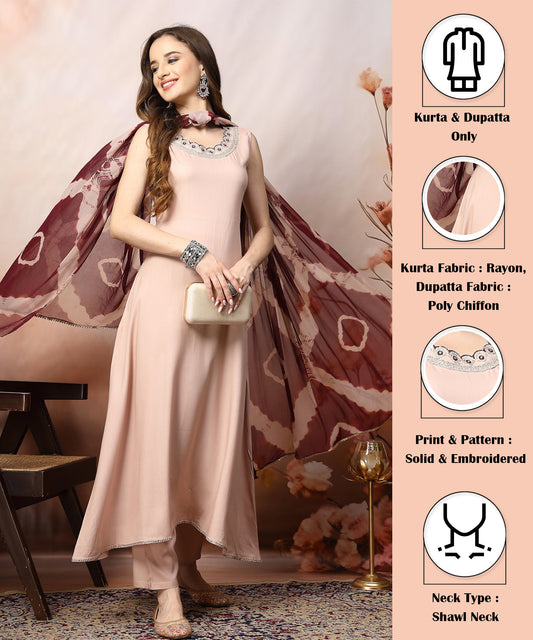 Stylum Women's Rose Gold Solid & Embroidered Rayon A-Line Kurta Dupatta Set (KDBLUSHJACOB)